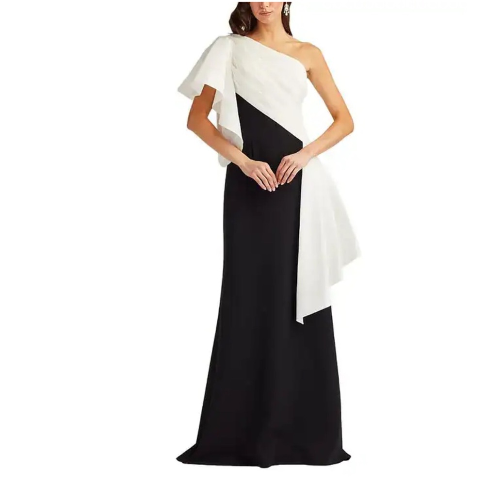 Tadashi Shoji Santa Fe Draped Flounce Gown, SIZE SMALL